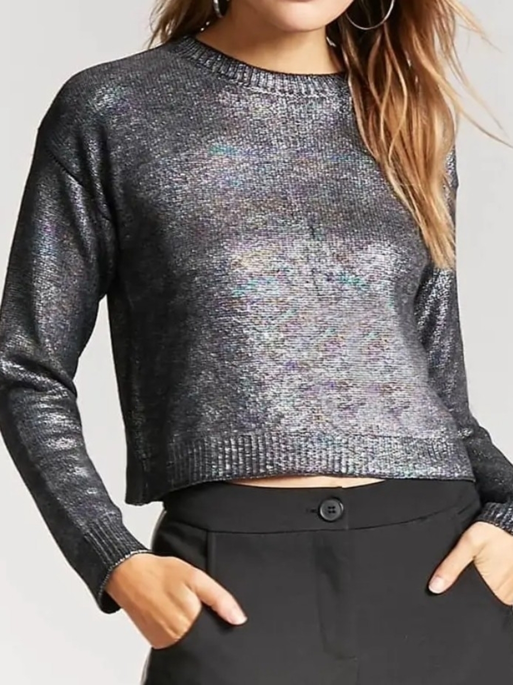 Forever 21 Shimmery Silver-Black Crewneck Crop Sweater